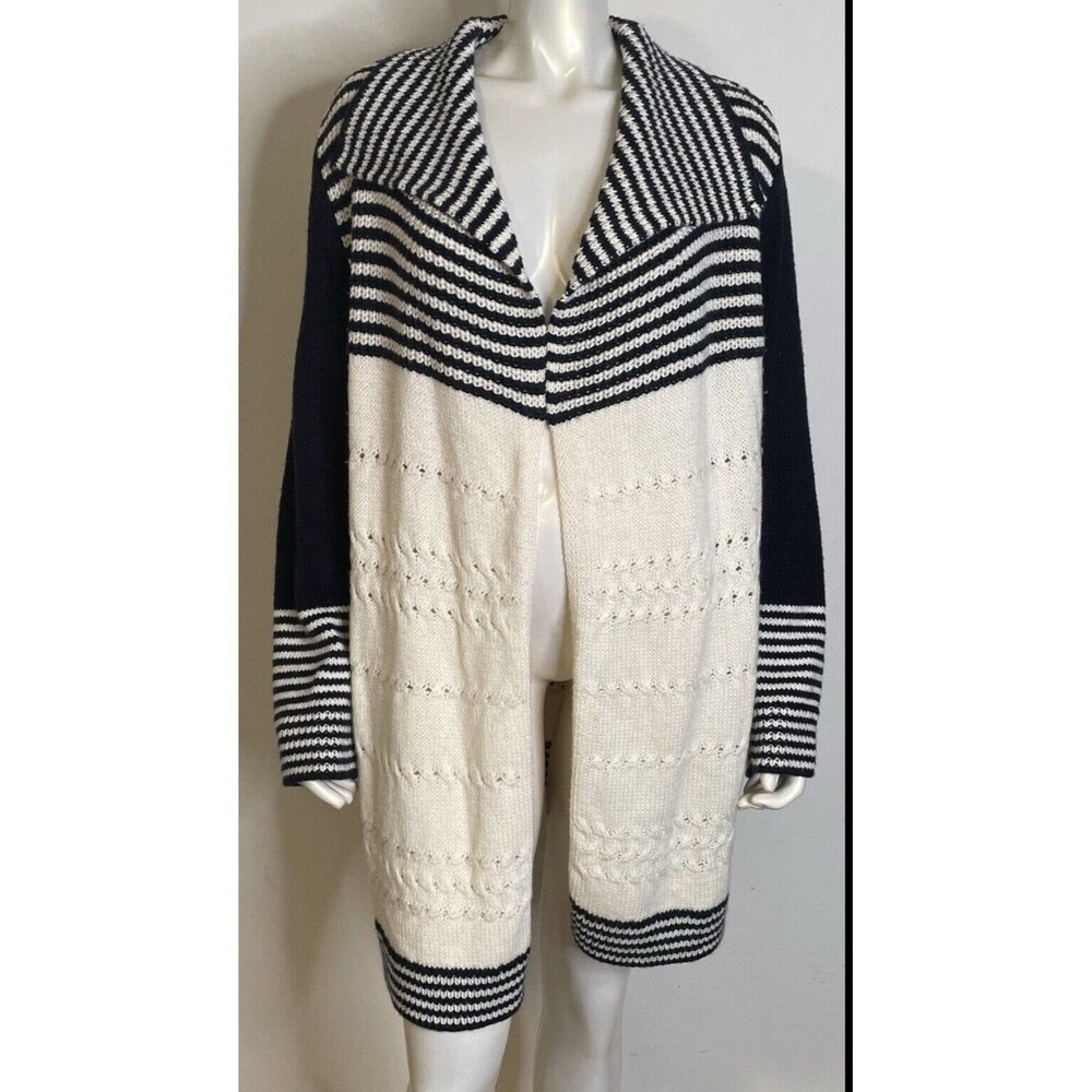 Talbots Wool Blend Long Boho Sweater Cardigan Ivory Blue Open Front Size Large
